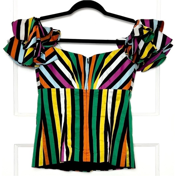 CAROLINE CONSTAS Rainbow Stripe Sweetheart Neck Ruffled Off Shoulder Top XS - Picture 5 of 11